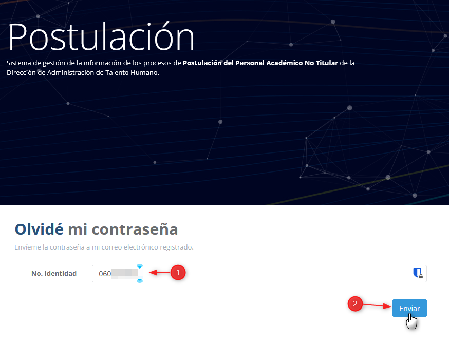 Página de ingreso de datos para recuperar contraseña