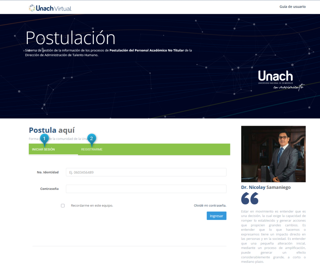 Página de inicio del Sistema de Postulación docente. Se muestran dos secciones principales Iniciar Sesión y Registrarse